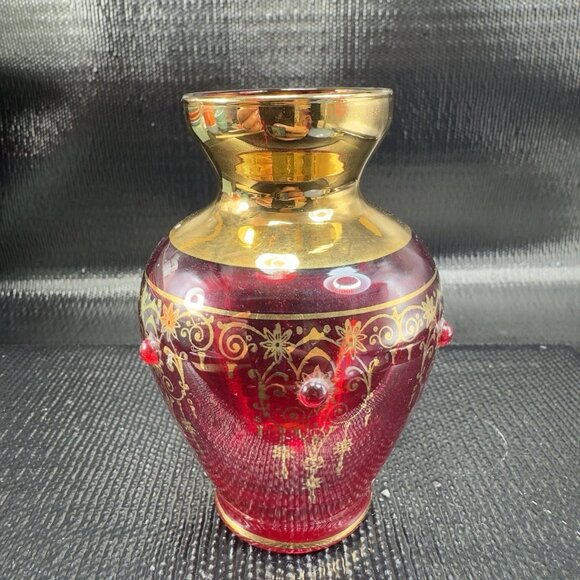 Venetian Art Glass Vase Vessel Hand Painted Gold Accents Attached Jewels Vase - Picture 10 of 10